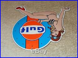 Vintage Gulf Gasoline Bikini Pin Up Model! 7 Porcelain Metal Car Gas & Oil Sign