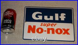 Vintage Gulf Super No Nox Gasoline +dog Ears 11 Porcelain Metal Gas & Oil Sign