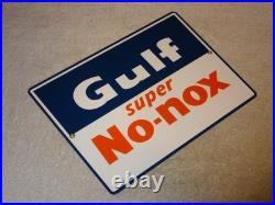 Vintage Gulf Super No Nox Gasoline +dog Ears 11 Porcelain Metal Gas & Oil Sign Vintage Gulf Super No Nox Gasoline +dog Ears 11 Porcelain Metal Gas & Oil Sign