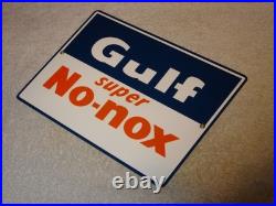 Vintage Gulf Super No Nox Gasoline +dog Ears 11 Porcelain Metal Gas & Oil Sign