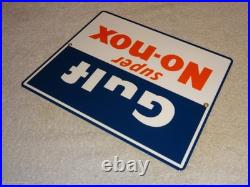 Vintage Gulf Super No Nox Gasoline +dog Ears 11 Porcelain Metal Gas & Oil Sign