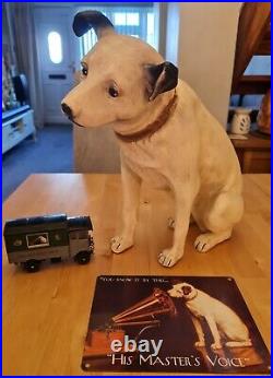 Vintage HMV His Masters Voice dog (RCA Victor) Nipper, metal sign and truck
