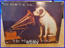 Vintage HMV His Masters Voice dog (RCA Victor) Nipper, metal sign and truck
