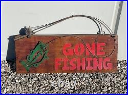 Vintage Handmade Gone Fishing Fish Rod Reel Metal Art Sign