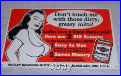 Vintage Harley Davidson Motorcycle Gunk Woman 12 Motor Cycle Gasoline Oil Sign