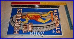 Vintage Hercules Tires & Tubes Porcelain Metal Gas Oil Double Sided Flange Sign