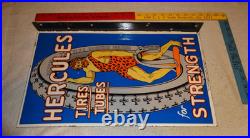 Vintage Hercules Tires & Tubes Porcelain Metal Gas Oil Double Sided Flange Sign