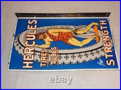 Vintage Hercules Tires & Tubes Porcelain Metal Gas Oil Double Sided Flange Sign