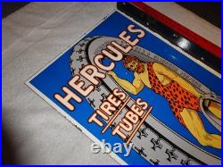 Vintage Hercules Tires & Tubes Porcelain Metal Gas Oil Double Sided Flange Sign