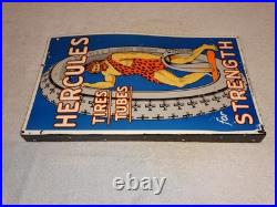 Vintage Hercules Tires & Tubes Porcelain Metal Gas Oil Double Sided Flange Sign