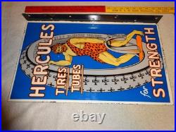 Vintage Hercules Tires & Tubes Porcelain Metal Gas Oil Double Sided Flange Sign Vintage Hercules Tires & Tubes Porcelain Metal Gas Oil Double Sided Flange Sign