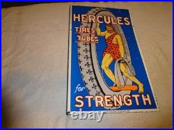 Vintage Hercules Tires & Tubes Porcelain Metal Gas Oil Double Sided Flange Sign