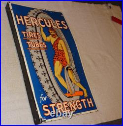 Vintage Hercules Tires & Tubes Porcelain Metal Gas Oil Double Sided Flange Sign