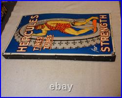Vintage Hercules Tires & Tubes Porcelain Metal Gas Oil Double Sided Flange Sign