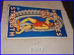 Vintage Hercules Tires & Tubes Porcelain Metal Gas Oil Double Sided Flange Sign