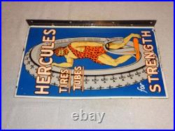 Vintage Hercules Tires & Tubes Porcelain Metal Gas Oil Double Sided Flange Sign