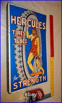 Vintage Hercules Tires & Tubes Porcelain Metal Gas Oil Double Sided Flange Sign