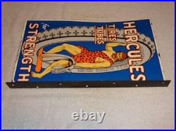 Vintage Hercules Tires & Tubes Porcelain Metal Gas Oil Double Sided Flange Sign