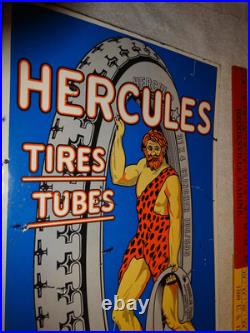 Vintage Hercules Tires & Tubes Porcelain Metal Gas Oil Double Sided Flange Sign