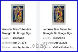 Vintage Hercules Tires & Tubes Porcelain Metal Gasoline Oil 2 Sided Flange Sign