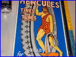 Vintage Hercules Tires & Tubes Porcelain Metal Gasoline Oil 2 Sided Flange Sign Vintage Hercules Tires & Tubes Porcelain Metal Gasoline Oil 2 Sided Flange Sign