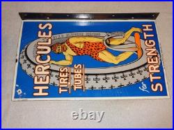 Vintage Hercules Tires & Tubes Porcelain Metal Gasoline Oil 2 Sided Flange Sign