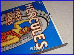 Vintage Hercules Tires & Tubes Porcelain Metal Gasoline Oil 2 Sided Flange Sign