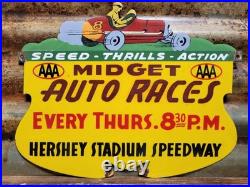 Vintage Hersheys Porcelain Sign Old Aaa Midget Auto Car Races Stadium Speedway