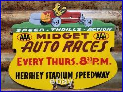 Vintage Hersheys Porcelain Sign Old Aaa Midget Auto Car Races Stadium Speedway