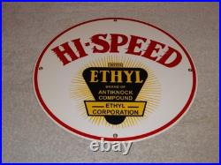 Vintage Hi-speed Ethyl Gas 11 3/4 Porcelain Metal High Speed Gasoline Oil Sign