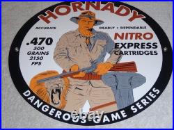 Vintage Hornady Gun Bullets Big Game 11 3/4 Porcelain Metal Gasoline & Oil Sign
