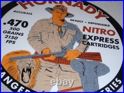 Vintage Hornady Gun Bullets Big Game 11 3/4 Porcelain Metal Gasoline & Oil Sign