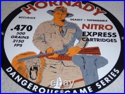 Vintage Hornady Gun Bullets Big Game 11 3/4 Porcelain Metal Gasoline & Oil Sign