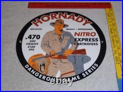 Vintage Hornady Gun Bullets Big Game 11 3/4 Porcelain Metal Gasoline & Oil Sign