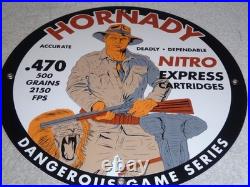 Vintage Hornady Gun Bullets Big Game 11 3/4 Porcelain Metal Gasoline & Oil Sign