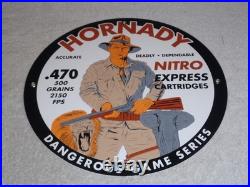 Vintage Hornady Gun Bullets Big Game 11 3/4 Porcelain Metal Gasoline & Oil Sign