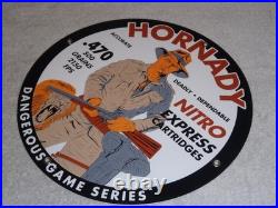 Vintage Hornady Gun Bullets Big Game 11 3/4 Porcelain Metal Gasoline & Oil Sign