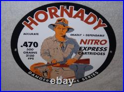 Vintage Hornady Gun Bullets Big Game 11 3/4 Porcelain Metal Gasoline & Oil Sign