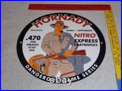 Vintage Hornady Gun Bullets Big Game 11 3/4 Porcelain Metal Gasoline & Oil Sign