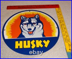 Vintage Husky Gasoline +dog 11 3/4 Porcelain Metal Service Station Gas Oil Sign