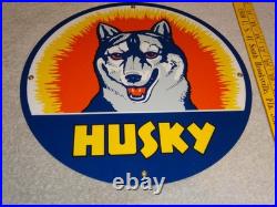 Vintage Husky Gasoline +dog 11 3/4 Porcelain Metal Service Station Gas Oil Sign
