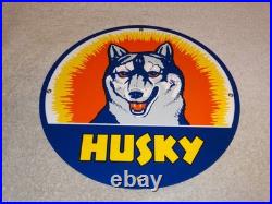 Vintage Husky Gasoline +dog 11 3/4 Porcelain Metal Service Station Gas Oil Sign