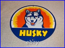 Vintage Husky Gasoline +dog 11 3/4 Porcelain Metal Service Station Gas Oil Sign