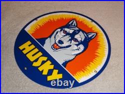 Vintage Husky Gasoline +dog 11 3/4 Porcelain Metal Service Station Gas Oil Sign