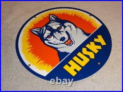 Vintage Husky Gasoline +dog 11 3/4 Porcelain Metal Service Station Gas Oil Sign