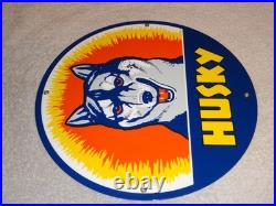 Vintage Husky Gasoline +dog 11 3/4 Porcelain Metal Service Station Gas Oil Sign