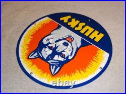 Vintage Husky Gasoline +dog 11 3/4 Porcelain Metal Service Station Gas Oil Sign