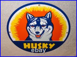 Vintage Husky Gasoline +dog 11 3/4 Porcelain Metal Service Station Gas Oil Sign
