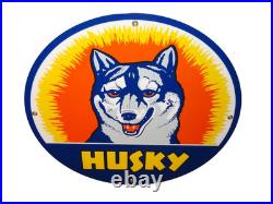Vintage Husky Gasoline +dog 11 3/4 Porcelain Metal Service Station Gas Oil Sign