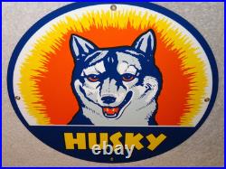 Vintage Husky Gasoline +dog 11 3/4 Porcelain Metal Service Station Gas Oil Sign